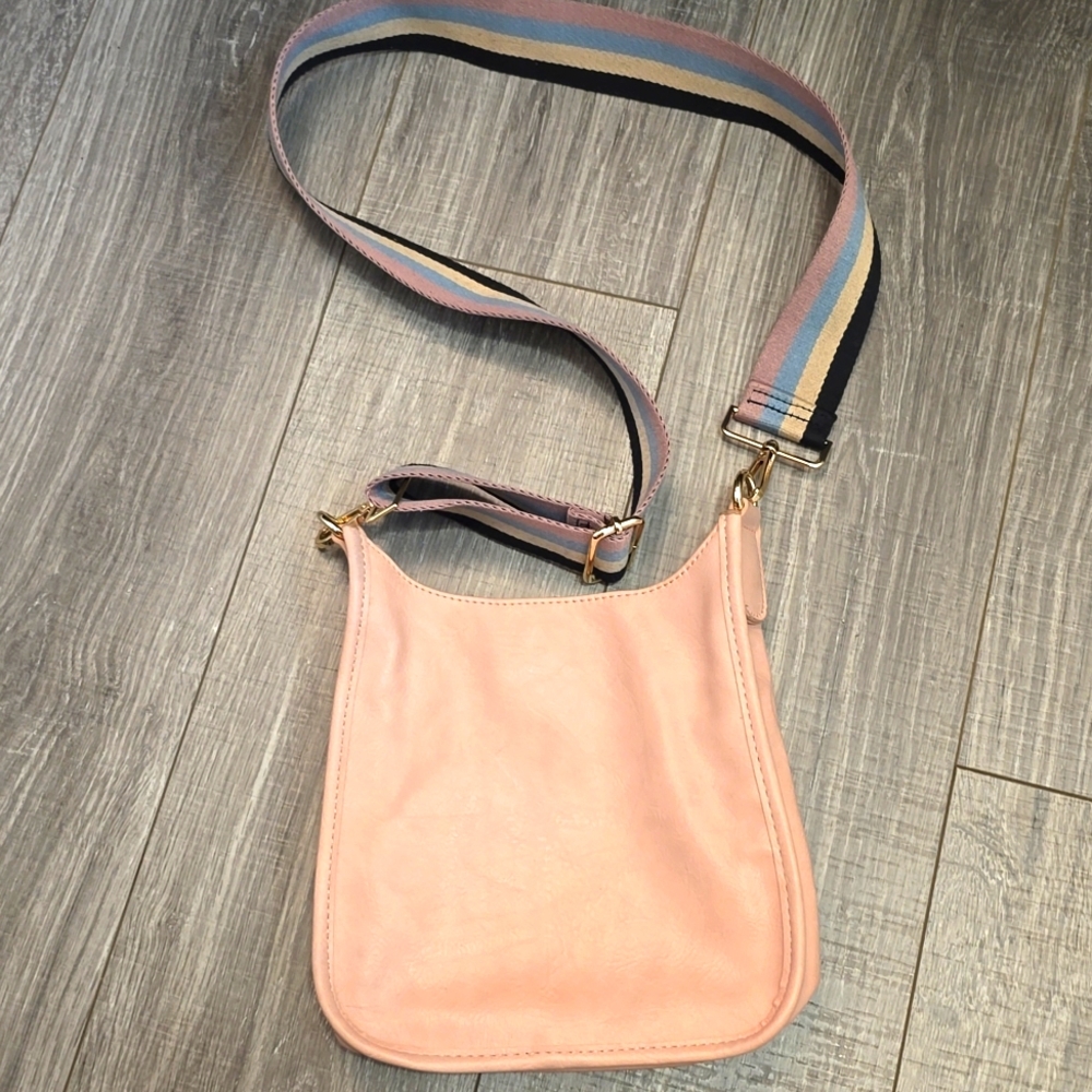 AH Dorned Chic Pink Crossbody Bag with Striped Strap.